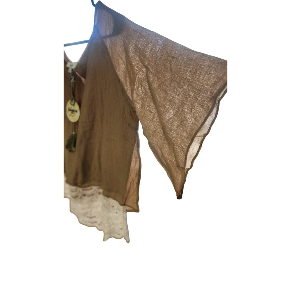 Hayden Los Angeles Boho Lace Hem Blouse Brown Olive Crochet V-Neck Large NWT - Picture 3 of 4